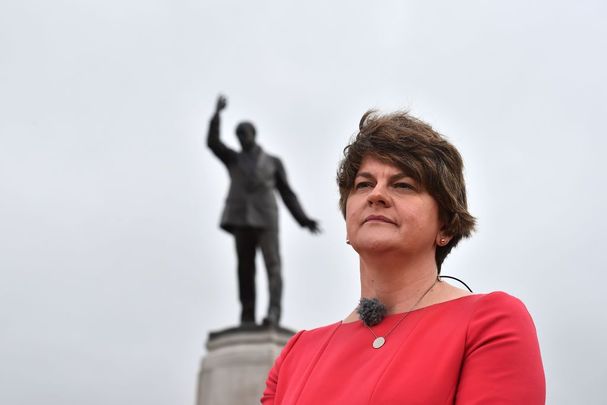 DUP leader Arlene Foster conducts a television interview prior to the arrival of Prime Minister Boris Johnson at Stormont on July 31, 2019, in Belfast, Northern Ireland. 