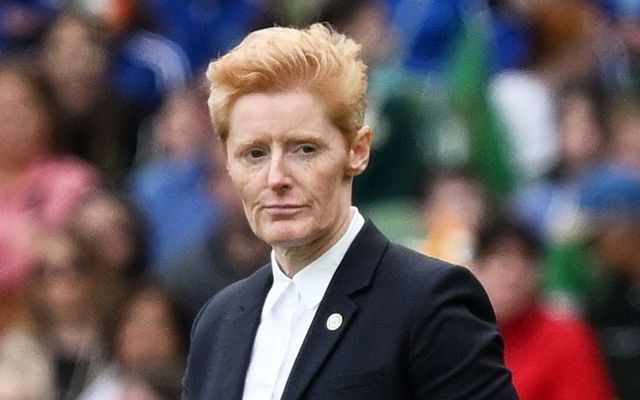 September 23, 2023: Eileen Gleeson, Interim Head Coach of Republic of Ireland, looks on during the UEFA Women\'s Nations League match between Republic of Ireland and Northern Ireland at Aviva Stadium in Dublin.
