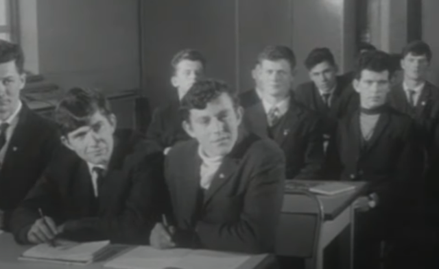 Taking notes during a dating class for Irish farmers, 1969.