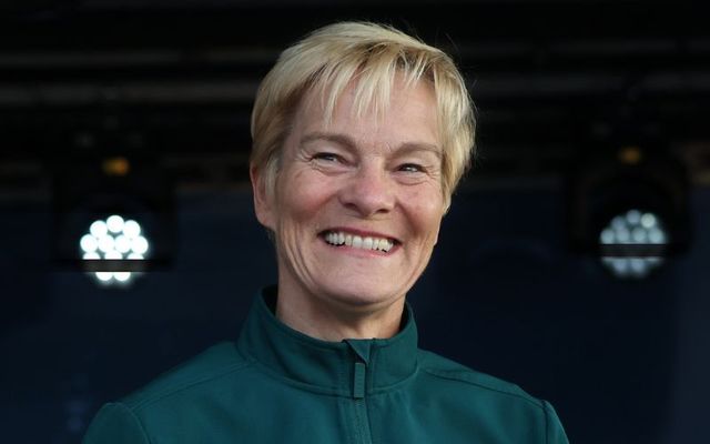 August 3, 2023: Ireland Women\'s Team manager Vera Pauw with the Ireland Women\'s team behind on stage on Dublin\'s O\'Connell Street at the homecoming event for the Irish Women\'s Football Team. 