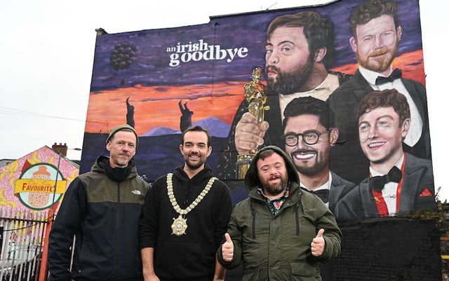 A new mural celebrating the Oscar-winning short \'An Irish Goodbye, created by street arts collective Peaball, has been unveiled in Belfast city centre, \n