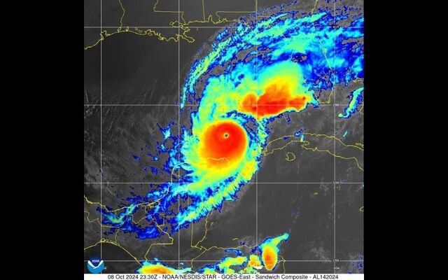 October 8, 2024: VIS/IR Sandwich RGB satellite imagery of Hurricane Milton over the Gulf of Mexico heading toward Florida.