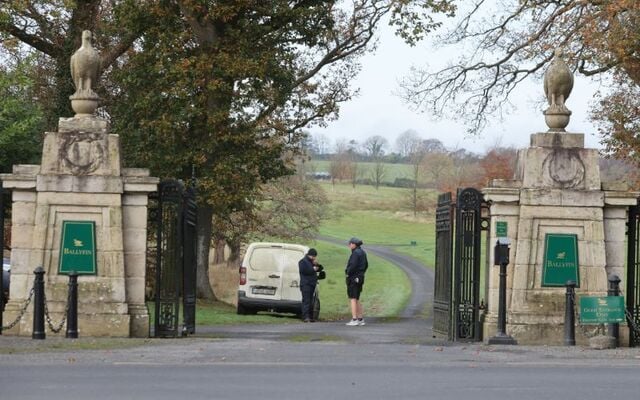 November 13, 2024: Security at the gate of the Ballyfin Hotel in Co Laois the morning after a fatal assault on the property.