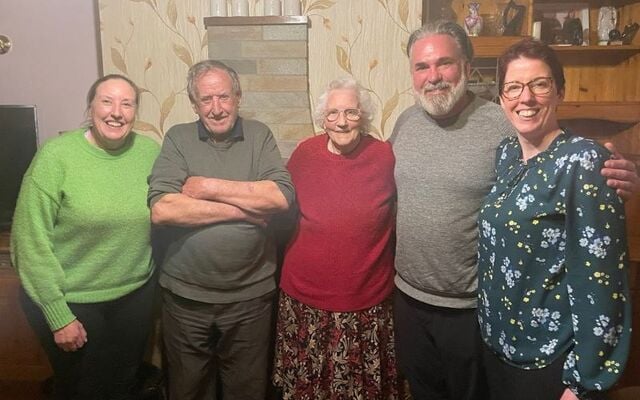 Michael Pagano, second from right, visits the Gilmurrays - Mary, Pat, Betty, Michael, and Anne.