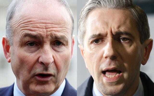 Ireland\'s Tanaiste Micheal Martin (L) and Ireland\'s Taoiseach Simon Harris (R).