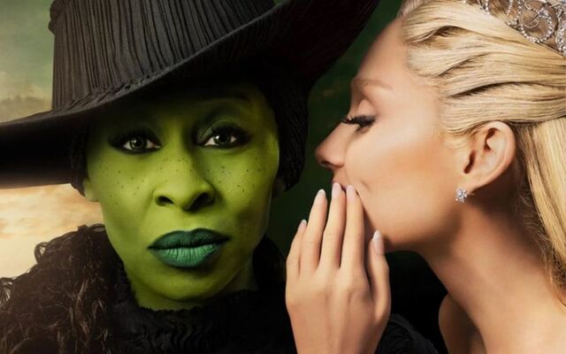 Cynthia Erivo as Elphaba and Ariana Grande as Glinda in \"Wicked.\"