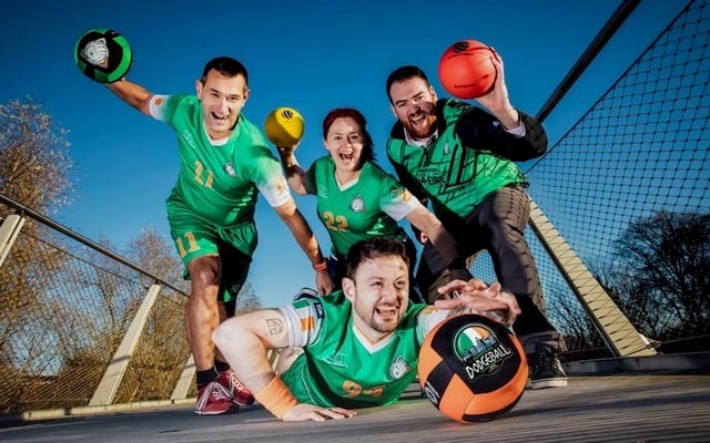 Irish Dodgeball players Tamas Heitzmann, Treasa O\'Rourke, John Taaffe and Ryan Hollinger pictured at the launch of the 2025 European Dodgeball Championships at University of Limerick.\n