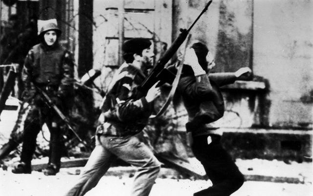 Derry, 1972: Image of a British Army soldier and a civil rights activist during Bloody Sunday. 