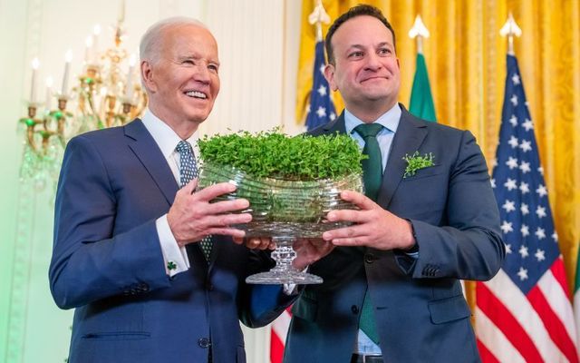March 17, 2024: Taoiseach Leo Varadkar presents US President Joe Biden with a bowl of shamrocks in The White House on St. Patrick\'s Day.