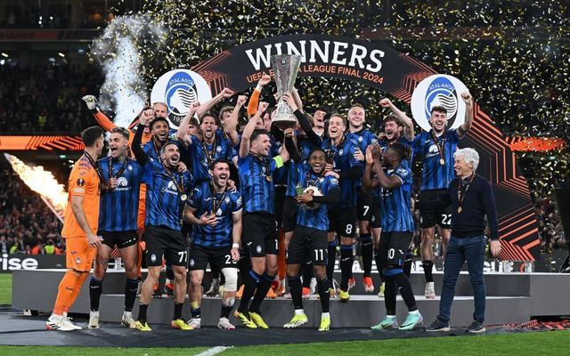 May 22, 2024: Atalanta players celebrate with the Europa League trophy after beating Bayer Leverkusen in Dublin. 