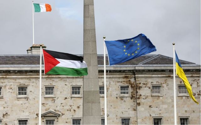 May 28, 2024: The flags of Ireland, Palestine, the European Union, and Ukraine flown side by side at Leinster House in Dublin on the day that Ireland\'s recognition of the State of Palestine takes effect.