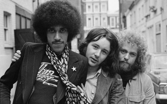 February 23, 1973: (L to R) Thin Lizzy singer Phil Lynott, drummer Brian Downey, and guitarist Eric Bell.
