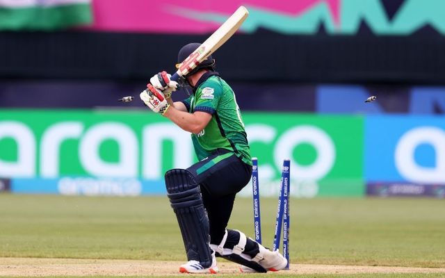 Josh Little of Ireland is bowled by Jasprit Bumrah of Ireland during the ICC Men\'s T20 Cricket World Cup West Indies & USA 2024 match between India and Ireland at Nassau County International Cricket Stadium on June 05, 2024 in New York, New York. 