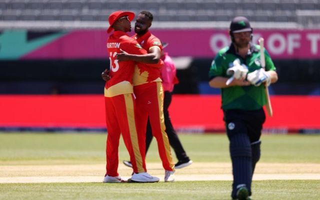 Jeremy Gordon of Canada and Nicholas Kirton of Canada celebrate the wicket of Paul Stirling of Ireland during Canada\'s win over Ireland. 