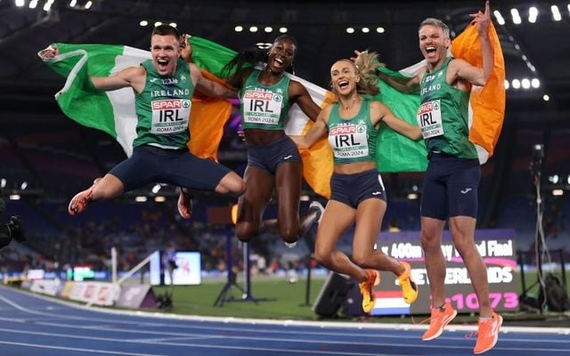 Christopher O\'Donnell, Rhasidat Adeleke, Sharlene Mawdsley, and Thomas Barr of Team Ireland celebrate after winning in the 4x400 Metres Mixed Relay Final on day one of the 26th European Athletics Championships - Rome 2024 at Stadio Olimpico.