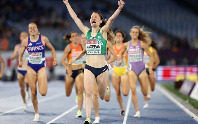 Ciara Mageean celebrates after winning gold in Rome on Sunday night. 