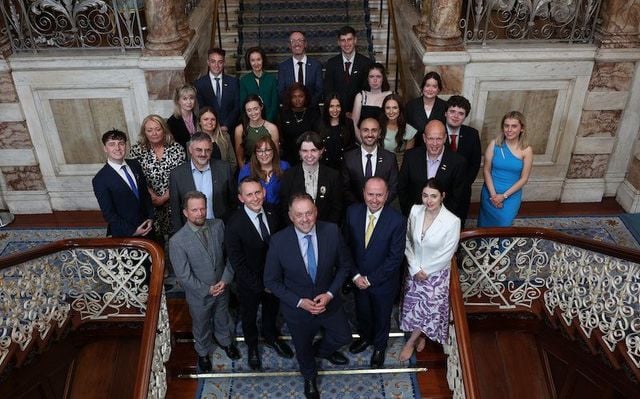 2024-25 Fulbright Irish Awardees with Minister Thomas Byrne, U.S. Embassy Deputy Chief of Mission Mike Clausen, Fulbright Ireland Board Chair Professor Paul Donnelly and Fulbright Commission in Ireland Executive Director Dr Dara FitzGerald.