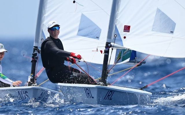 July 10, 2023: Eve McMahon of Ireland in action during a Womens ILCA 6 Class Dinghy race during day two of the Paris 2024 Sailing Test Event at Marseille Marina.