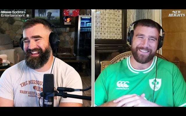 Jason Kelce (left) and Travis Kelce (right) chatted about Ireland in the season two finale of their \"New Heights\" podcast.