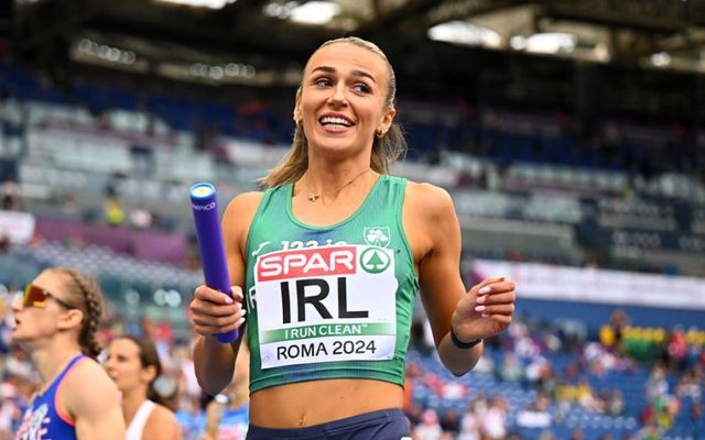 June 11, 2024: Sharlene Mawdsley of Team Ireland reacts after winning in the Women\'s 4x400m Heats on day five of the 26th European Athletics Championships - Rome 2024 at Stadio Olimpico in Rome, Italy.