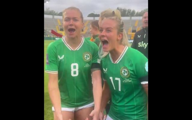 Ireland Women\'s National Team celebrates after beating France 3-1 in Cork\'s Páirc Uí Chaoimh.