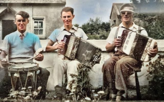 Early 1950s: Pat Greene\'s father in the middle, Pat\'s uncle Frank to his right, and their best friend Denzy Ryan on the drums.