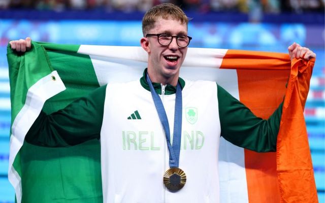 July 30, 2024: Gold Medalist Daniel Wiffen of Ireland during the medal ceremony after the Men\'s 800m Freestyle Final on day four of the Olympic Games Paris 2024 at Paris La Defense Arena in Nanterre, France.