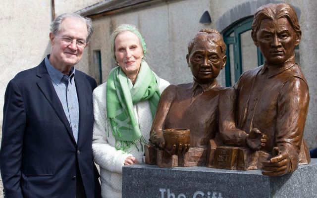 Sculptor Brendan O\'Neill and his wife, Susan, at the unveiling of his Choctaw Nation sculpture at the National Famine Museum, at Strokestown Park, in County Roscommon.