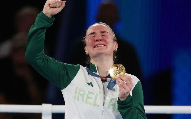 August 6, 2024: Gold Medalist Kellie Harrington of Team Ireland on the podium during the Women\'s 60kg Boxing medal ceremony after the Women\'s 60kg Final match on day eleven of the Olympic Games Paris 2024 at Roland Garros in Paris, France.