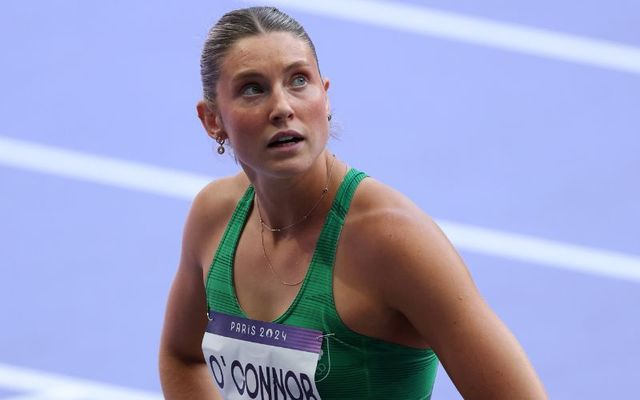 August 8, 2024: Kate O\'Connor of Team Ireland reacts after competing in the Women\'s Heptathlon 100m Hurdles on day thirteen of the Olympic Games Paris 2024 at Stade de France in Paris, France.