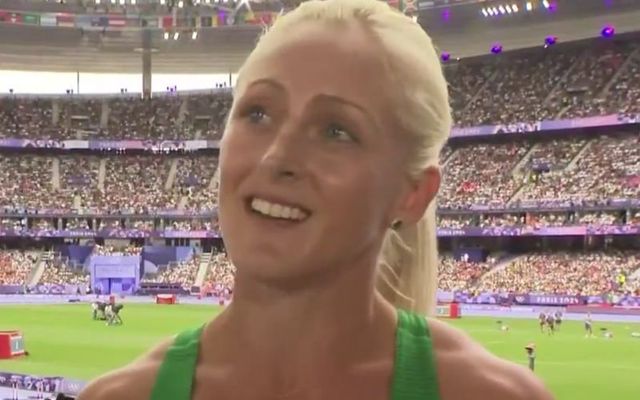 August 9, 2024: Sarah Lavin speaks with RTÉ Sport after the Women\'s 100m Hurdles Semi Final.