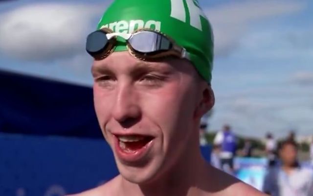 August 9, 2024: Daniel Wiffen speaks with RTE Sport after completing the 10km marathon swim event in the Seine at the Olympics.