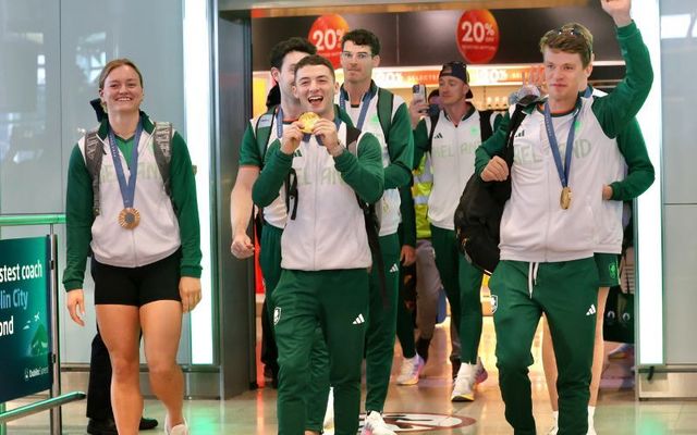 Team Ireland: Mona McSharry with her medal and Rhys McClenaghan and Skibbereen rower Fintan McCarthy with their gold medal. 