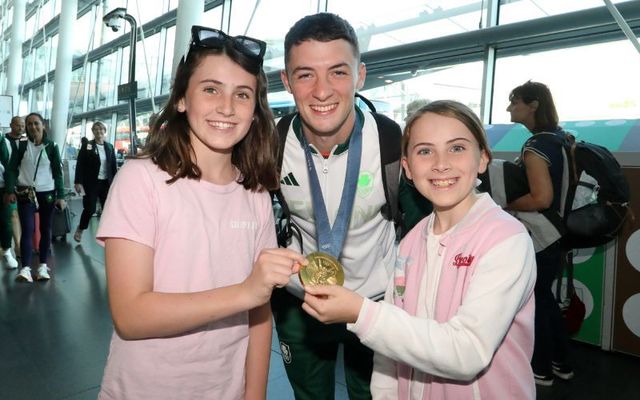 August 12, 2024: Fans Aoife Cullen aged 11 and Sophie Cullen aged 9 from Donegal with Rhys McClenaghan and his gold medal.