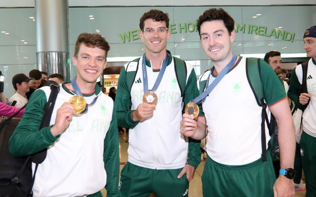 Team Ireland Olympic Homecoming at Dublin Airport. Photo shows Skibbereen rower Fintan McCarthy and Philip Doyle, Daire Lynch with their medals. 