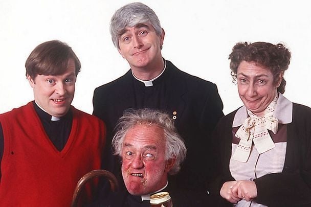 The genius cast of the beloved comedy \"Father Ted\".