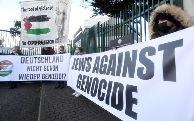 November 11, 2023: The Irish Jewish organization Jews for Palestine stages a protest outside the German Embassy in Dublin, demanding Germany stops supporting Israeli genocide in Gaza.