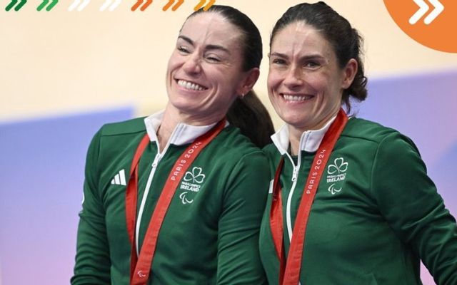 Katie George Dunlevy, left, and pilot Eve McCrystal of Ireland celebrate after winning a silver medal.