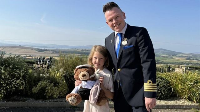 Donegal girl Sophie Callaghan, Captain Brian Whelan and Rabbie the teddy.