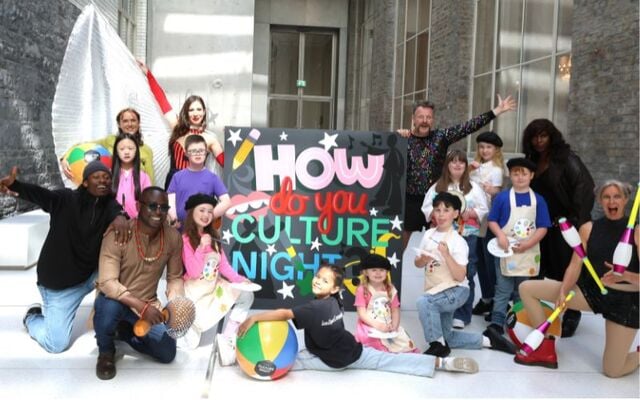 August 6, 2024: Culture Night performers including dance performers, circus and spectacle performers, musicians from Down Syndrome Tipperary, and children from The Gaiety School of Acting, launch Culture Night 2024 in the Atrium at The National Gallery of Ireland, with a mural by artist Klo Wi.