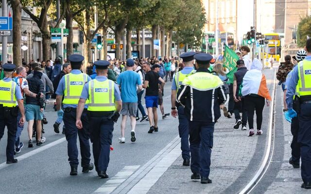 September 19, 2024: Members of the Gardai and the Public Order Unit form a line to block protestors on Dublin\'s O\'Connell Street.