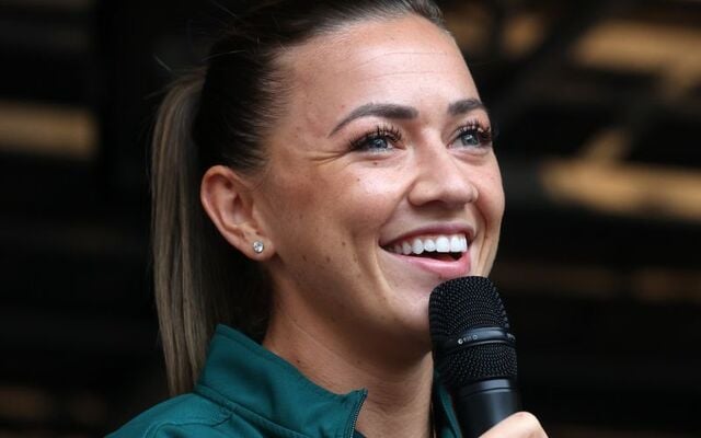 August 3, 2023: Ireland Women\'s Team Captain Katie McCabe with the Ireland Women\'s team on stage on Dublin\'s O\'Connell Street at the homecoming event for the Irish Women\'s Football Team.