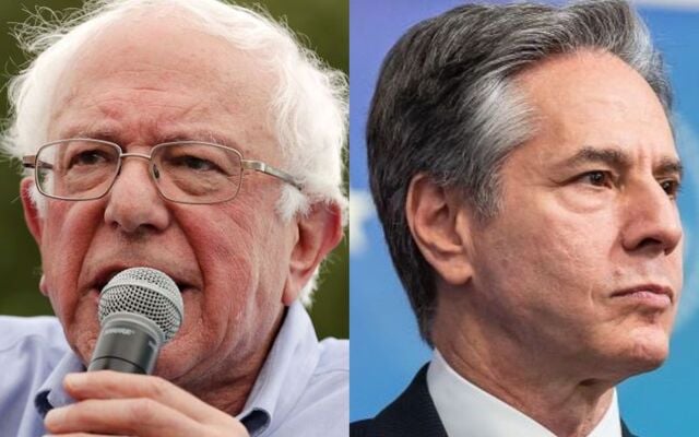 US Senator Bernie Sanders (L) and US Secretary of State Antony Blinken (R).