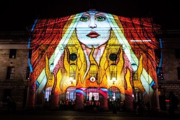 The goddess Brigid projected onto the GPO, on O\'Connell Street in Dublin.