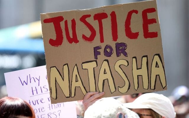 June 22, 2024: Protesters with placards outside the GPO in Dublin in solidarity with Natasha O’Brien after her attacker Cathal Crotty received a suspended sentence.