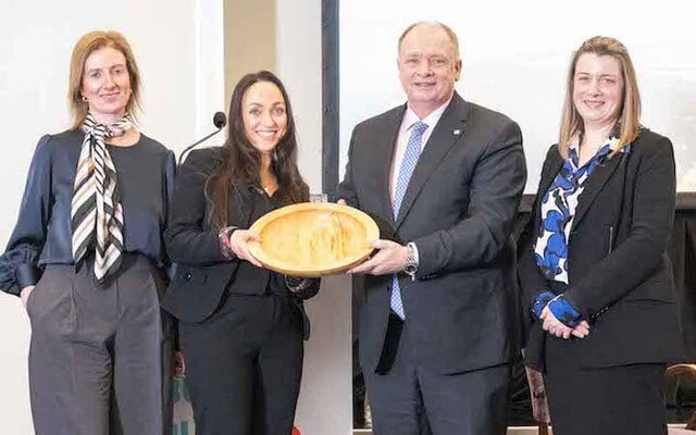 Anne-Marie Duggan of Old Head Golf Links, being presented with the Green Award by Evelyn O\'Sullivan, Seamus Heaney, and Katherine Fitzpatrick of Visit Cork at Visit Cork’s Industry Day, held at the Cork International Hotel on Tuesday, January 21, 2025. 