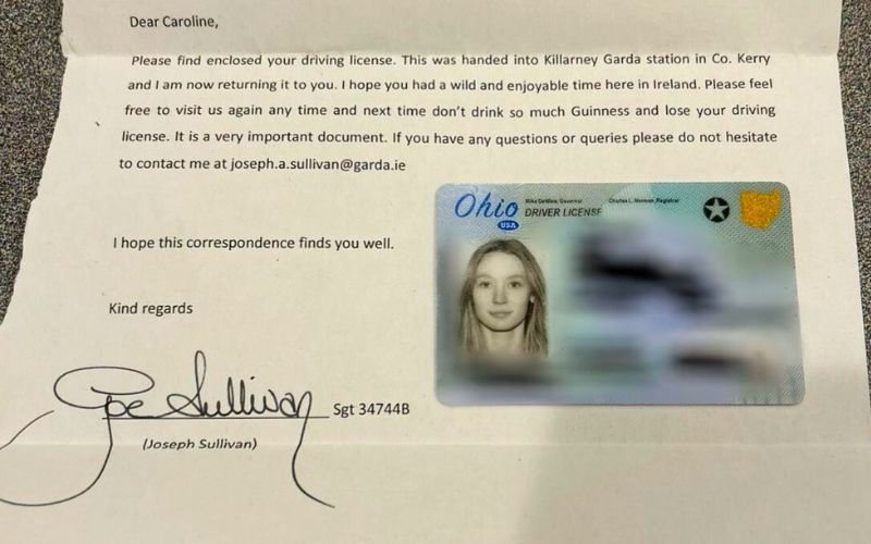 “Don’t drink so much Guinness” - Killarney Gardaí mail Ohio woman her license with hilarious letter