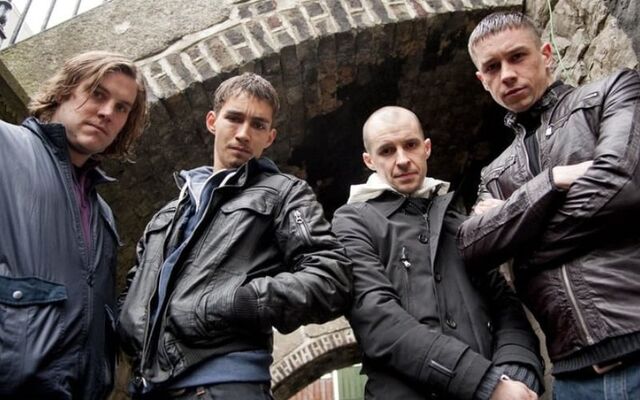 (L to R): Peter Coonan, Robert Sheehan, Tom Vaughan-Lawlor, and Killian Scott, stars of \"Love/Hate.\"