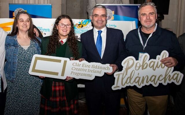 Minister Dara Calleary, second from right, announced the funding at an event showcasing the four Dublin local authorities’ staff’s innovative language-based projects.