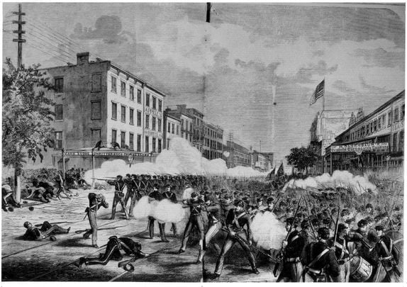 The New York Orange Riot of 1871 Title: New York City - The Orange Riot of July 12th - view on Eighth Avenue looking from Twenty-Fifth Street